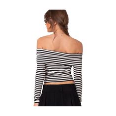 Elastane:8.5% Rayon:61.6% Polyester:29.9% With A Fold Over Neckline This Top Is A One-Of-A-Kind Look. Featuring A Striped Pattern, This Always A Go To Choice For Day To Day Or To Dress Up For A Night Out. Striped Fitted Top For Night Out, Chic Fitted Striped Tops, Chic Striped Tops For Night Out, Fitted Striped Top For Night Out, Black And White Long Sleeve Tops For Spring, Fitted Striped Top For Day Out, Striped Off-shoulder Fitted Top, Striped Fitted Off-shoulder Top, Fitted Striped Off-shoulder Top