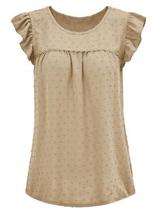 Upgrade your wardrobe with the Meredith Short Ruffle Sleeve Top in classic khaki. This top features charming ruffle sleeves, adding a touch of whimsy to any outfit. Perfect for those who don't take themselves too seriously, this top is sure to bring a smile to your face. Size Guide: Model is 5’7” tall, and has a 33.6” bust, 24.1” waist, & 35.2” hips. She is wearing a S / US 4 / AU 8. This top is true to size. Material: 100% Polyester. Feature: Crew neckline. Ruffle cap sleeve. Relax fit. No closure. Care Instructions: Machine wash / Cold hand wash Reindeer Headband, Ruffle Sleeve Top, Ruffled Sleeve Top, Daily Dress, Dress Jewelry, Ruffle Sleeves, Cap Sleeve, Crew Neckline, Cap Sleeves