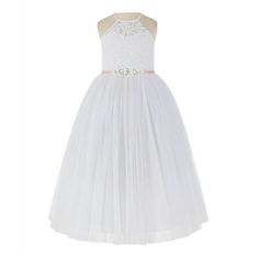 The elegant bodice features is made out of elegant lace with a high neckline and keyhole detail in the back. The skirt has 4 layers, the top 2 layers are made of soft tulle, 3rd and 4th layer are satin lining to bring comfort to your little girl while wearing the dress. Hidden zipper closure in the back. Perfect for princess party, wedding, holiday, theme party, ceremony, birthday, stage performance, photo shoot, daily wear, and other special occasions. Size: size 4.  Color: White.  Gender: fema Gown For Wedding Reception, Halter Flower Girl Dress, Holiday Theme Party, Gown For Wedding, Chiffon Flower Girl Dress, Bridesmaid Dresses Floor Length, Rhinestone Ribbon, Satin Flower Girl Dress, Tulle Flower Girl