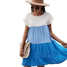 Blue Three Colorblock Ruffle Mini Dress Date Style, Color Block Dress, Womens Shift Dresses, Block Dress, Mini Dresses For Women, Ruffle Mini Dress, Short Sleeve Mini Dress, Mini Dress Casual, Colorblock Dress