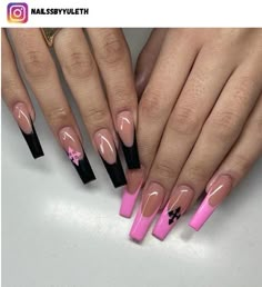 Pink And Black Nail Designs Acrylic, Black Nail Acrylic Ideas, Black And Pink Acrylic Nails Ideas, Pinks And Black Nails, Pink And Black French Tip Nails Coffin, Pink And Black Nail Inspo Acrylic, Light Pink And Black Nails Ideas, Pink Black Nails Ideas, Black And Pink Almond Nails Designs