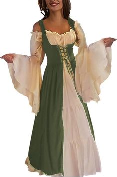 PRICES MAY VARY. Chemise and Over Dress: This womens medival renaissance costume two-piece set including a flare long sleeves chemise dress, a off the shoulder renaissance overdress and 4 drawstring. Lacing-Up Adjustments: The lacing-up at the front and with corset the waist back which are adjustable to fit your figure. The 2 shoulder ties ensure that the overdress does not fall off from shoulder and also stylish. Fabric: This renaissance dress lightweight soft fabric. Elasticized neckline with Medieval Bell Sleeve Dress, Ren Faire Dress, Masquerade Party Dresses, Irish Costumes, Skirt Shapewear, Neck Corset, Boho Dresses Long, Over Dress, Medieval Costume