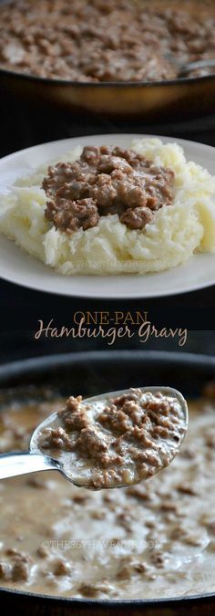 two plates filled with mashed potatoes covered in gravy and topped with ground beef