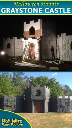 two pictures of the same castle in different stages of construction