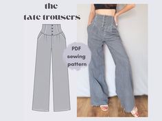 the tate trousers sewing pattern is shown in two different sizes and has buttons on each side