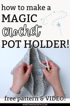 someone crocheting a pot holder with the words how to make a magic crochet pot holder