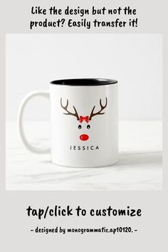 a white and black coffee mug with reindeer antlers on it's face, which says, i like the design but not the product? easily transfer if it