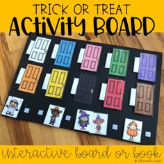 an interactive board for kids to play on the floor with text overlay that reads trick or treat activity board