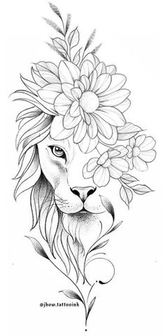 a drawing of a lion with flowers on its head