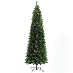 a tall artificial christmas tree on a stand