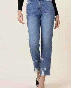 The High Waisted Straight Leg Jeans offer a flattering and versatile option for your denim collection. These slim straight fit ankle jeans provide a chic and streamlined silhouette that complements various outfits. The bottom part distress adds a trendy touch, giving these jeans a stylish and slightly rugged appearance. With classic 5-pocket construction and subtle distress on the back pockets, they strike a balance between classic and modern denim style. The zip-fly closure ensures easy wear. - High Waisted Straight Leg Jeans, Sweater Duster, Denim Collection, Denim Style, Slim Straight Jeans, Shoes With Jeans, T Shirt Vest, Ankle Jeans, Cardigan Coat