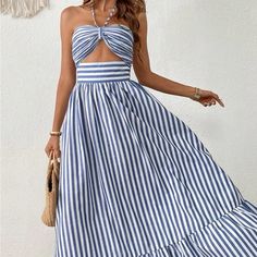 Super Cute And Stylish Ships In 5-10 Business Days Blue Ruffle Maxi Dress For Beach Season, Blue Ruffled Maxi Dress For Beach Season, Blue Bohemian Dress For Picnic, Blue Ruffled Maxi Dress For Beach, Beach Season Picnic Dress With Ruffles, Blue Ruffled Sundress For Picnic, Striped Summer Dresses For Picnic, Striped Summer Dress For Picnic, Striped Dress For Summer Picnic