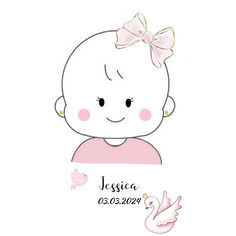 a drawing of a baby girl with a pink bow on her head and the words, jesus