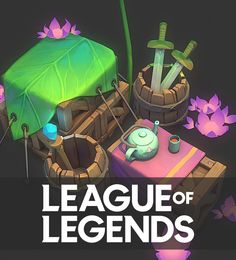 the league of legendds logo is shown above an image of some items and flowers