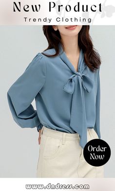 Urban 4 Colors Split-side Tied Puff Sleeves Blouse Casual Tie Sleeve Tops For Office, Casual Office Tops With Tie Sleeves, Trendy Tie Neck Office Tops, Trendy Tie Neck Top For Office, Blue Long Sleeve Tops With Tie Sleeves, Casual Blue Tops With Tie Sleeves, Office Tops With Tie Sleeves And Long Sleeve, Long Sleeve Tops With Tie Sleeves For Office, Casual Tie Neck Office Tops