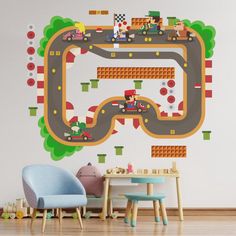 a child's room with a wall mural depicting cars driving on a race track