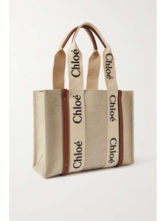 CHLOÉ + NET SUSTAIN Woody medium leather and webbing-trimmed linen tote | NET-A-PORTER Neutral Bags, Neutral Bag, Felt Tote, Medium Tote, Chloe Bag, Dark Brown Leather, Cute Bags, Net A Porter, Canvas Tote