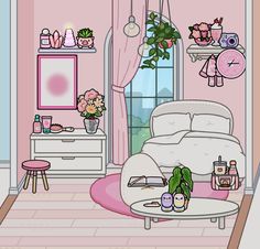 a bedroom with pink walls and white furniture