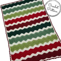 a crocheted blanket with red, green and white stripes