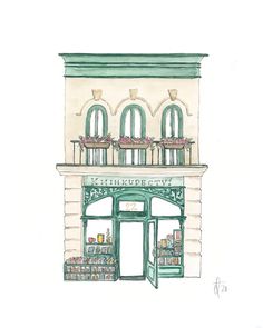 a drawing of a store front with windows and plants on the top floor, in green