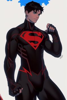 a man in a black suit with a red superman symbol on his chest