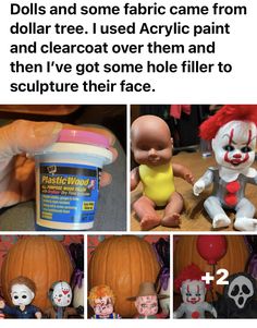 dolls and some fabric came from dollar tree i used acrylic paint and cleacoat over them and then i've got some hole filler to sculpture their face