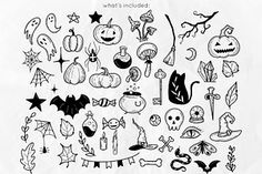 halloween doodles on white paper with pumpkins, bats, and other items in black and white