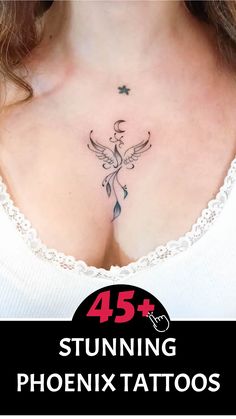 a woman with tattoos on her chest and the words 45 stunning pheonix tattoos