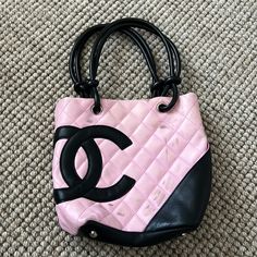 Authentic Chanel Cambon Handbag Pink. Leather Handles Bled On Pink Leather Luxury Pink Bags With Leather Handles, Luxury Pink Shoulder Bag With Leather Handles, Chanel Cambon, Jazmin Bean, Pink Leather, Leather Handle, Chanel Bag, Satchel, Bag Lady