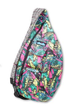 a colorful backpack is shown on a white background