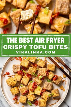 the best air fryer crispy tofu bites on a plate with chopsticks