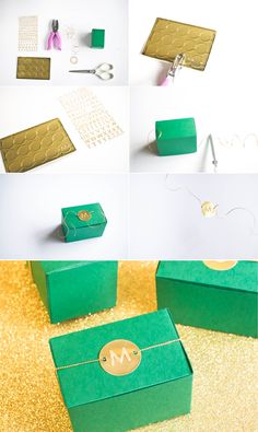 the steps to make an origami box with gold foil and green wrapping paper