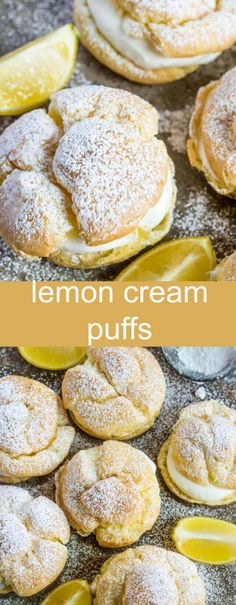 lemon cream puffs with powdered sugar on top and lemon slices around the edges