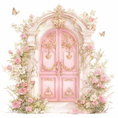 a pink door surrounded by flowers and butterflies