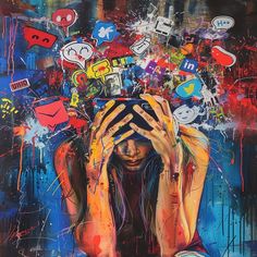 a painting of a woman covering her face with hands and surrounded by social media icons