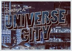 the words university city are in front of an image of some buildings and skyscrapers