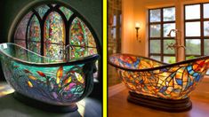 stained glass bathtub in front of a window and an image of the inside of a bathroom