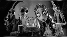 two cartoon characters dressed in halloween costumes and holding candles with their faces painted black and white