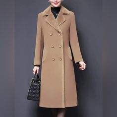 Women's Double-Breasted Notched Lapel Midi Pea Coat Jackets Camel Color Boutique Brand Boutique Sizing Chart (Size Tags Are In Letters): Standard Sizes: Xs (2), S (4), M (6), L (8/10), Xl (12) !!*Please Note*!! This Is A Pre-Order Item And Requires A Longer Than Usual Shipping Time. Please Allow 7-14 Business Days Before Shipping. Please Consider This Time Frame Before Placing Your Order. Preorder Items Are Not Eligible For Cancellation. Thank You For Your Patience And Understanding. Bundle 2 Or Elegant Long Sleeve Outerwear With Hidden Button Closure, Beige Long Sleeve Wool Coat With Double-breasted Buttons, Elegant Outerwear With Lapel Collar And Button Closure, Elegant Brown Single Breasted Outerwear, Elegant Office Outerwear With Pockets, Elegant Brown Outerwear With Lapel Collar, Elegant Double-breasted Outerwear With Lapel Collar, Elegant Brown Outerwear With Notch Lapel, Tailored Beige Pea Coat With Long Sleeves