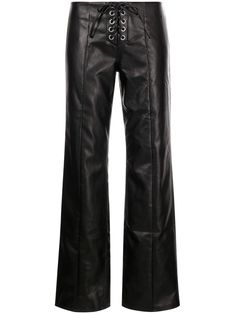 black faux leather lace-up detailing mid-rise front lace-up fastening straight leg Lace Up Leather Pants, Cowgirl Style Outfits, Rotate Birger Christensen, Birger Christensen, Lace Pants, Black Leather Pants, Cute Lazy Day Outfits, Lazy Day Outfits