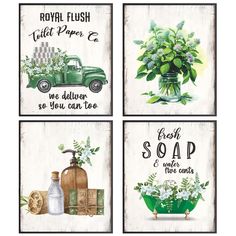 four green and white bathroom signs with flowers in the vase, toilet paper co, soap & lotion