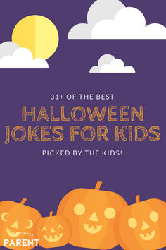 halloween jokes for kids with pumpkins in the sky and clouds behind them, which reads 31