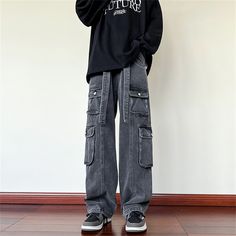 M-025-black Baggy Gray Cargo Pants With Pockets, Baggy Cargo Jeans With Pockets, Gray Cargo Pants With Pockets, Casual Gray Cargo Jeans With Pockets, Gray Utility Jeans With Pockets, Gray Straight Leg Cargo Pants With Pockets, Gray Utility Pants With Pockets, Gray High Waist Cargo Pants, Gray High Waist Cargo Jeans With Pockets