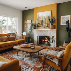 A cozy mid-century modern living room with earthy tones of olive green, mustard yellow, and burnt orange, evoking warmth and comfort3 Madmen Living Room, Living Room Design Color Palette, Mid Century Rustic Living Room, Living Room Designs Colorful Schemes, Color Palette For Home Living Rooms, Mcm Sitting Room, Mid Century Modern Living Room Green, Mid Century Modern Inspiration, Living Room Designs With Color