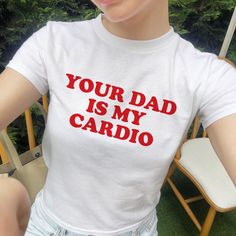 Your Dad Is My Cardio Baby Tee, Women's Fitted Tee or Unisex Shirt, Trendy Top, Y2K 90s Baby Tee, Gift For Her, Gift For Friend, Funny Shirt DETAILS - 100% cotton (fiber content may vary for different colors) - tear-away label  SIZING Sizes vary by shirt style. Please check the size chart before making your purchase. This baby tee features a short-fit design that fits true to size. This youth tee fits like the traditional 90's baby tee. Please order whatever size you would typically order for a Retro Crew Neck Tops With Name Print, Retro Cotton Tops With Name Print, Funny Unisex Tops With Name Print, Silly Shirt, Friend Funny, 90s Baby, Trendy Top, Baby T Shirts, Fitted Tee