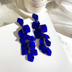 Shape: Leaf Material: Metal - Zinc Alloy & Acrylic Item Type: Earrings Earring Type: Drop Earrings Royal Blue Earrings, Red Rose Petals, Red Petals, Korean Jewelry, Western Earrings, Long Tassel Earrings, Blossom Design, Red Earrings, Acrylic Earrings