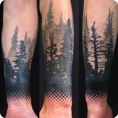 two different views of trees and dots on the arm, one is black and white