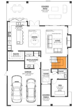 the floor plan for a two story house with an attached garage and living room area