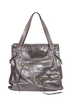 Current Boutique-Foley & Corinna - Grey Distressed Large Shoulder Bag Gray Leather Shoulder Bag With Silver-tone Hardware, Gray Double Handle Bag With Silver-tone Hardware, Gray Double Handle Bags With Silver-tone Hardware, Chic Gray Shoulder Bag With Silver-tone Hardware, Gray Leather Bag With Zipper Closure, Gray Zipper Bag For Shopping, Gray Bags With Silver-tone Hardware For Daily Use, Leather Silver Satchel For Everyday Use, Silver Satchel For Everyday Use