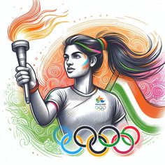 a woman holding a torch in her hand with the olympic symbol painted on it's chest